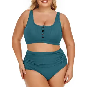 Plus Size Women Ribbed Bikini Set Two Piece High Waist Swimsuit Scoop Top Tummy Control Bathing Suit Swimwear