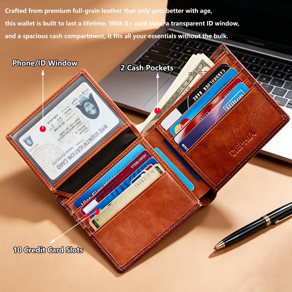 Men's Genuine Leather RFID Blocking Protection Wallet Retro Bifold Short Multifunction ID Credit Card Holder With 2 ID Wallets