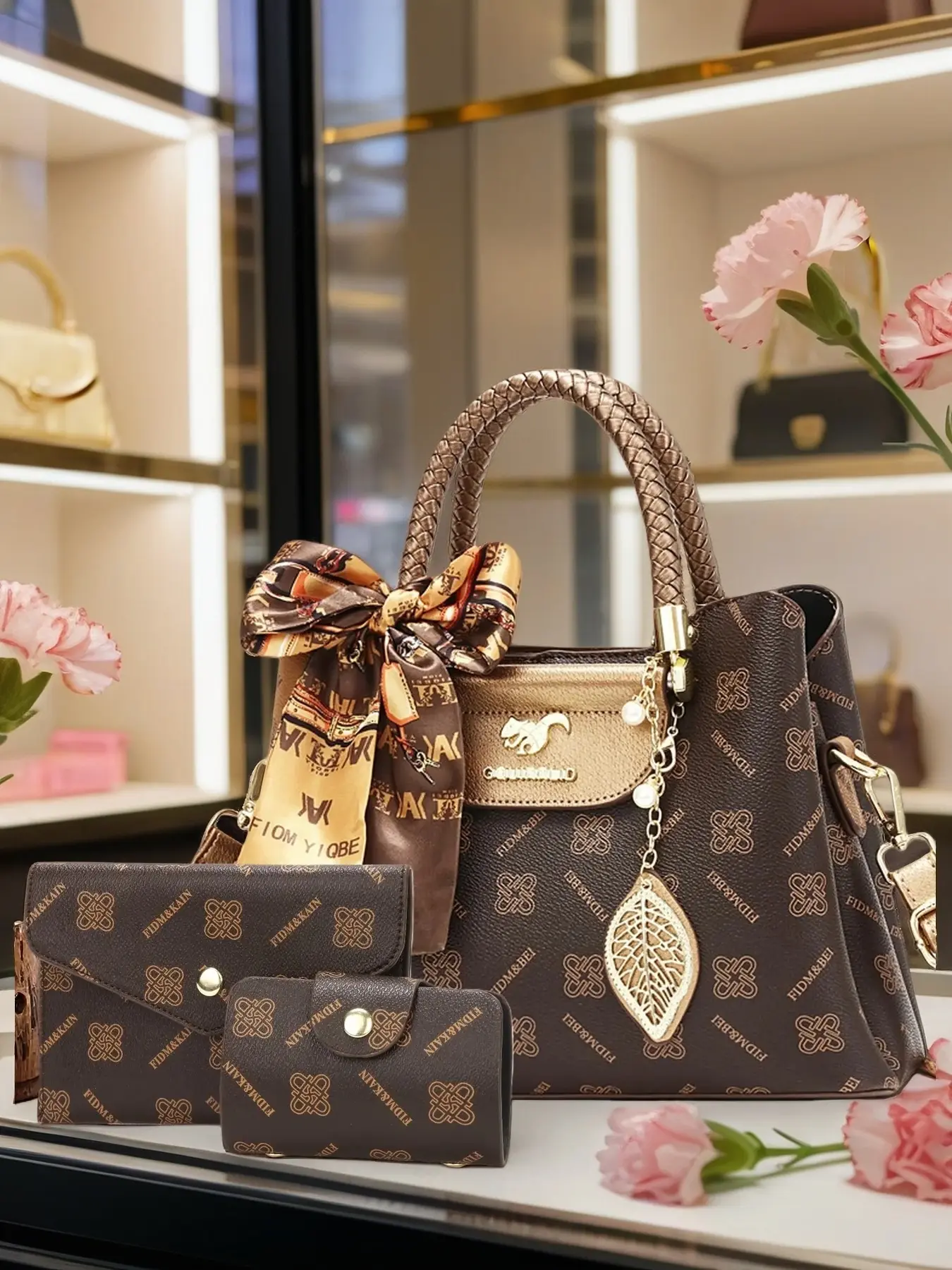 Light luxury women's bag set, three-piece women's bags including shoulder bag, letter print bag, scarf bag, handbag, commuter bag, and crossbody bag. Mother's Day gift for mom, birthday gift for wife, holiday gift for wife.