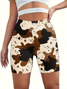 Plus-size women's high-waisted cow-print yoga shorts – featuring an all-over cow-spot design, these stretchy athletic shorts are suitable for the gym, training, sportswear, and everyday wear. They are non-see-through, comfortable, and suitable for al
