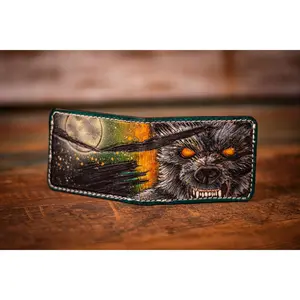 Handcrafted Leather Bifold Wallet - Werewolf Cryptid with Glow-in-the-Dark Moon and Eyes - Paranormal-Inspired Wallet