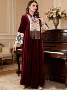 Women's Ethnic Embroidered Sequins Long Dress, Loose-Fit Woven Fabric, Elegant Fall & Winter Abaya, Abayas For Eid, Perfect for Muslim Women
