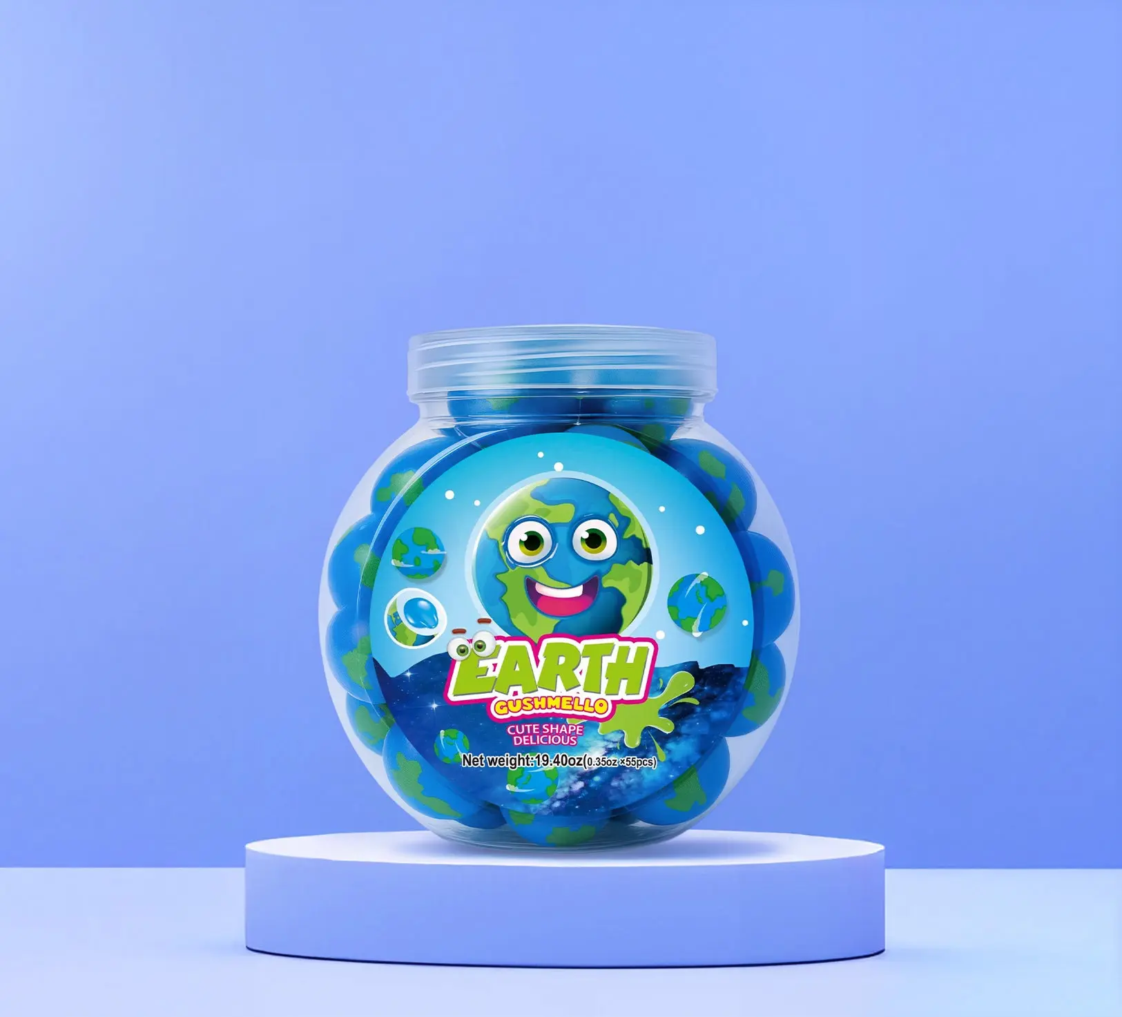 Zoomi Brands™ Gushmello Fruity Chewable Gummy Snack - 19.4oz Planet-Inspired Earth Jar Treat with Wax, Bovine Gelatin, Syrups, Blueberry Flavor, Halal, Youth-Friendly, Cupboard-Storable (24-Month Shelf Life, Ideal for Snack Time), Planet-Inspired Treat