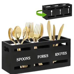 Wooden Kitchen Utensil Holder, 1/3/5 Counts Durable Storage Box for Spoons, Forks, Knives with Iron Handle Design, Ideal for Home Organization, Racks