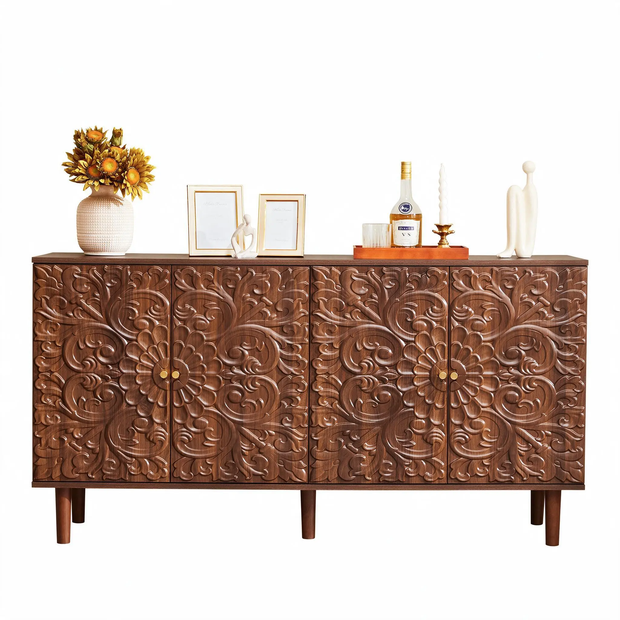 Giratree 59" Farmhouse Carved Storage Sideboard Buffet Cabinet with Adjustable Shelves, Solid Wood Legs, Entryway Storage Cabinet with 4 Doors
