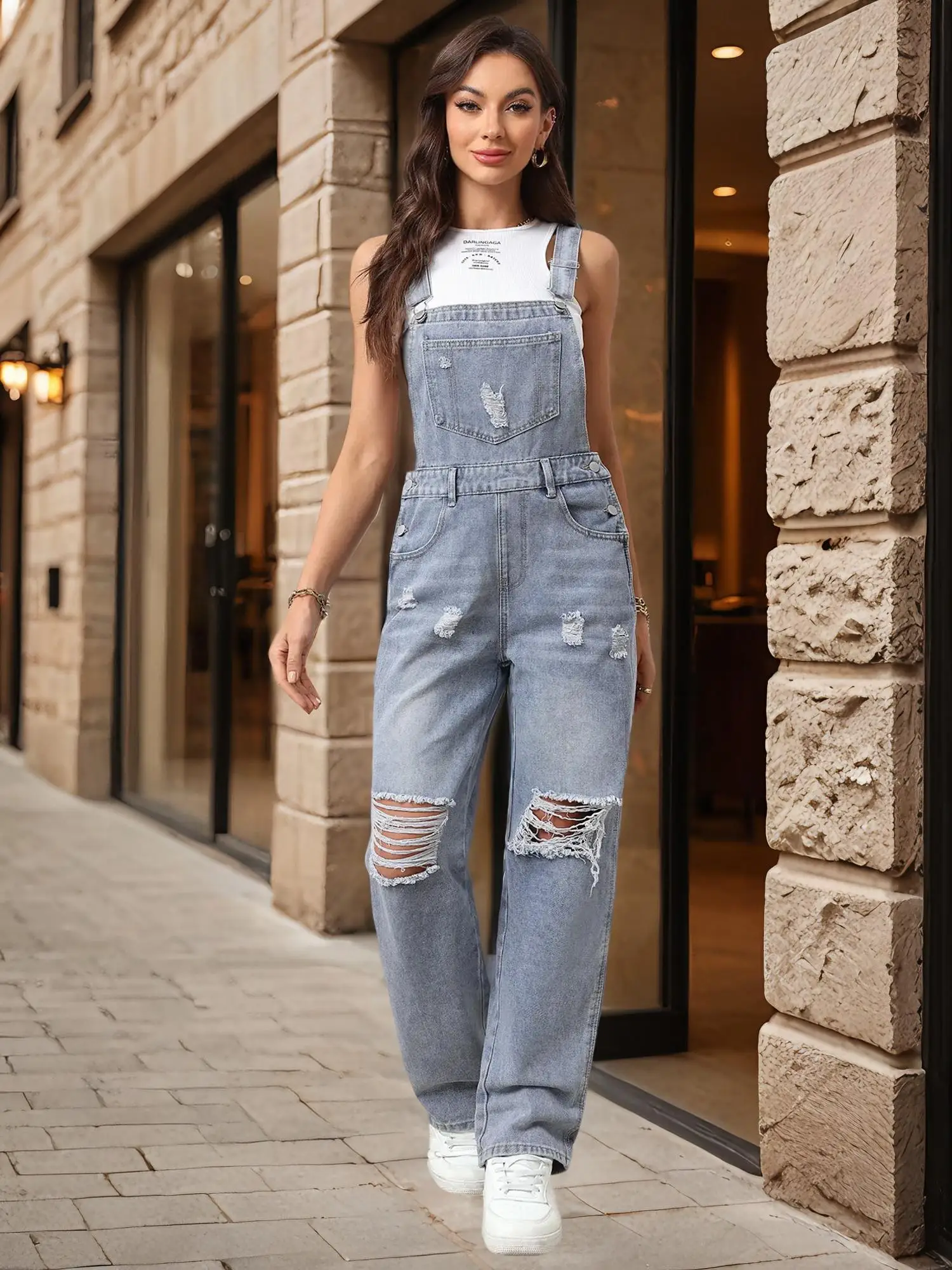Women's Plain Ripped Straight Leg Denim Jumpsuit, Chic Casual Basic Fitted Street Vintage Sleeveless Pocket Jumpsuit for Daily Wear, Ladies Clothes fo