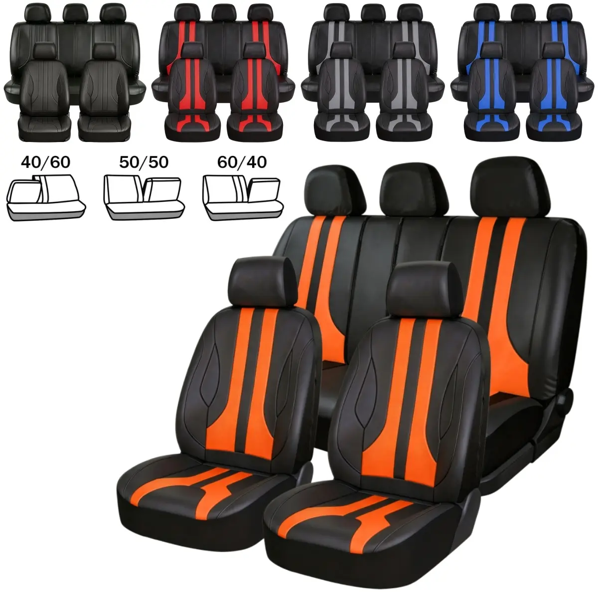 Racing Stripe Leather 5 Seat Car Seat Covers Full Set, Automotive Seat Protectors with Side Zipper Design, Split Rear Bench 40/60 50/50 60/40, Waterproof Wear Resistant Car Interior Covers Universal for Sedan SUV Car