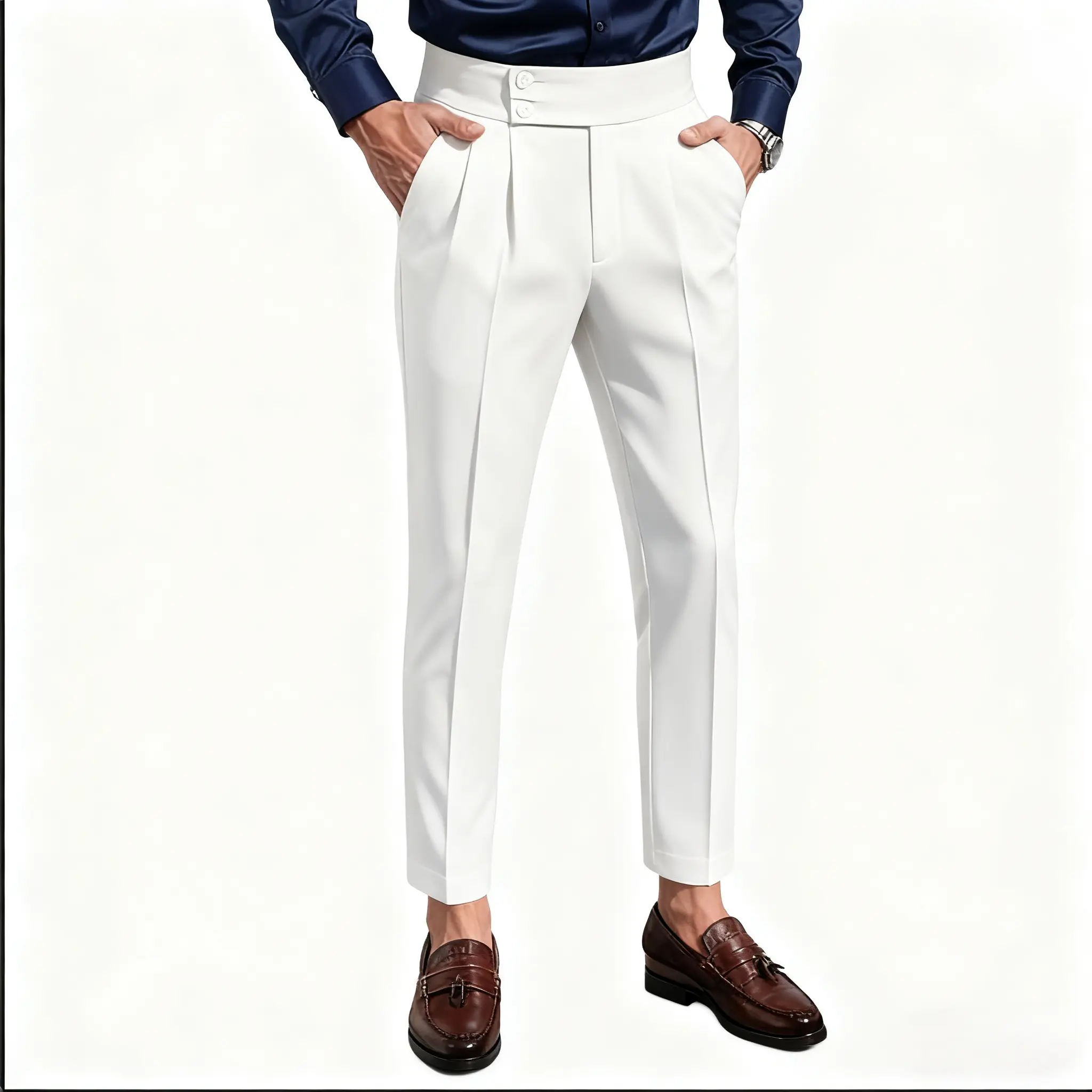 Men's Slim-Fit Pleated Dress Pants Light Business Style Solid White Color All-Season Comfort Elegant Ruched Design for Professional or Formal Occasions Woven Fabric Suits cargopantsmen