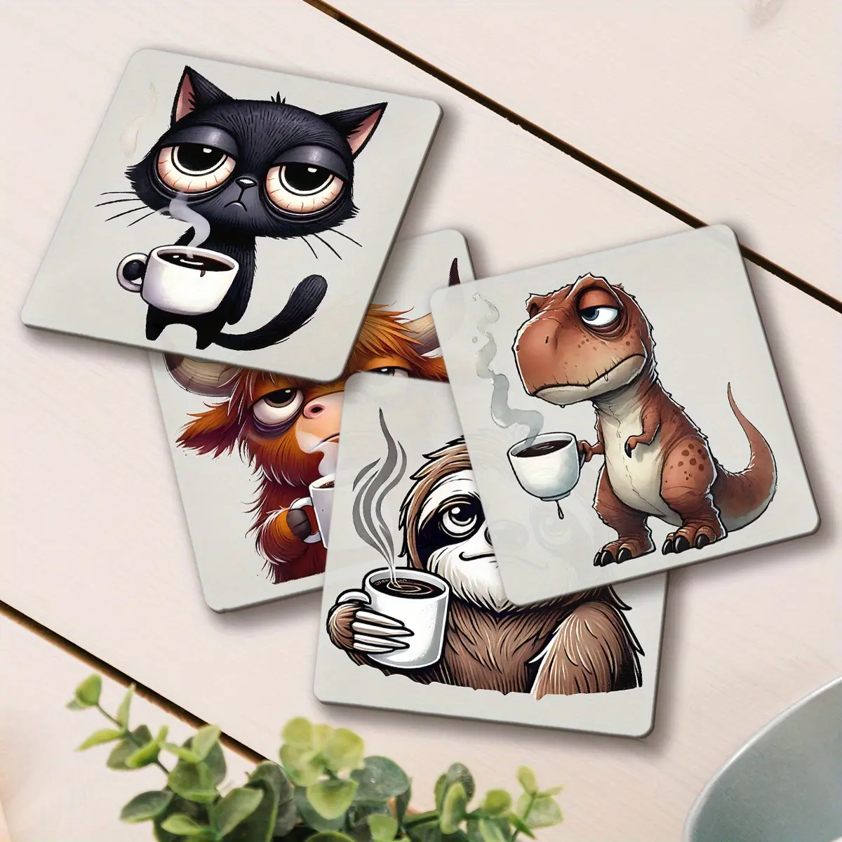 4pcs wooden square coasters coffee animal patterns anti scalding and anti slip coasters coffee mats table decoration, suitable for afternoon tea parties, restaurant layout
