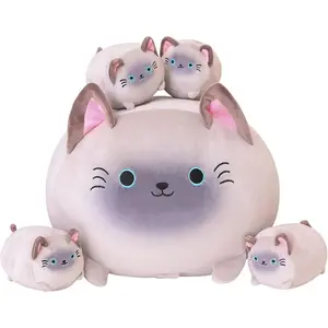 Siamese Cat Plush, Cute Stuffed Animals Mommy with 4 Squishy Kitties, Soft Plush Pillow Gifts for Kids