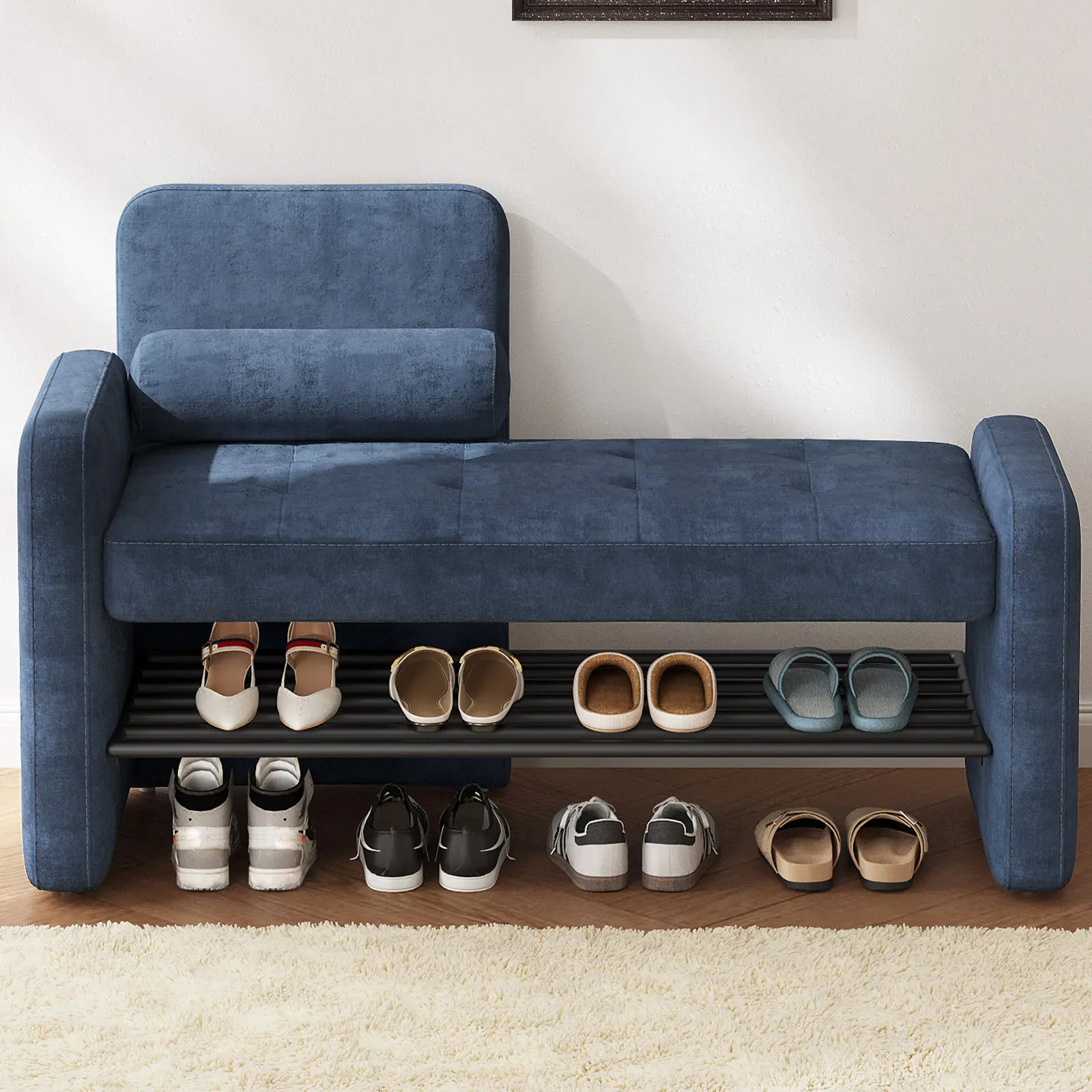Guyii 40.94" Navy Blue Cushioned Upholstered Shoe Storage Bench - Adjustable Backrest Support, 2-Tier Shoe-Hide Cabinet, Slim Space Fit Furniture Living Room Entryway Dorm Room Stool