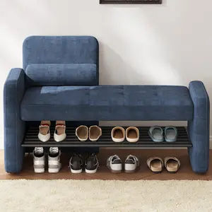 Guyii 40.94" Navy Blue Upholstered Shoe Storage Bench with Adjustable Backrest 2-Tier Entryway Cabinet Ottoman Bedroom Stool with Cushion Narrow Hallway Organizer Shelf Seat for Living Room & Dorm