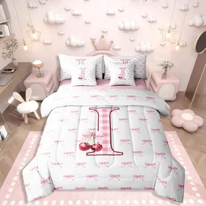 Feelyou Ultra Soft 7-Piece Cherry Bowknot Bedding Set - Multi-Size Initial I Monogrammed Comforter Set for Girls, Princess Coquette Decor Bed-in-A-Bag