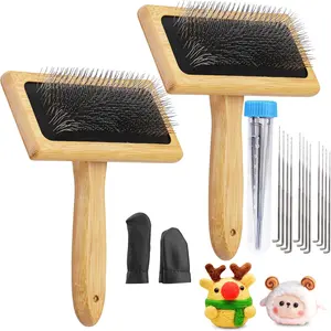 2 Pcs Wooden Wool Carders, Wool Carder Brush for Wool Needle Felting with Needle Leather Finger Protector for DIY Projects