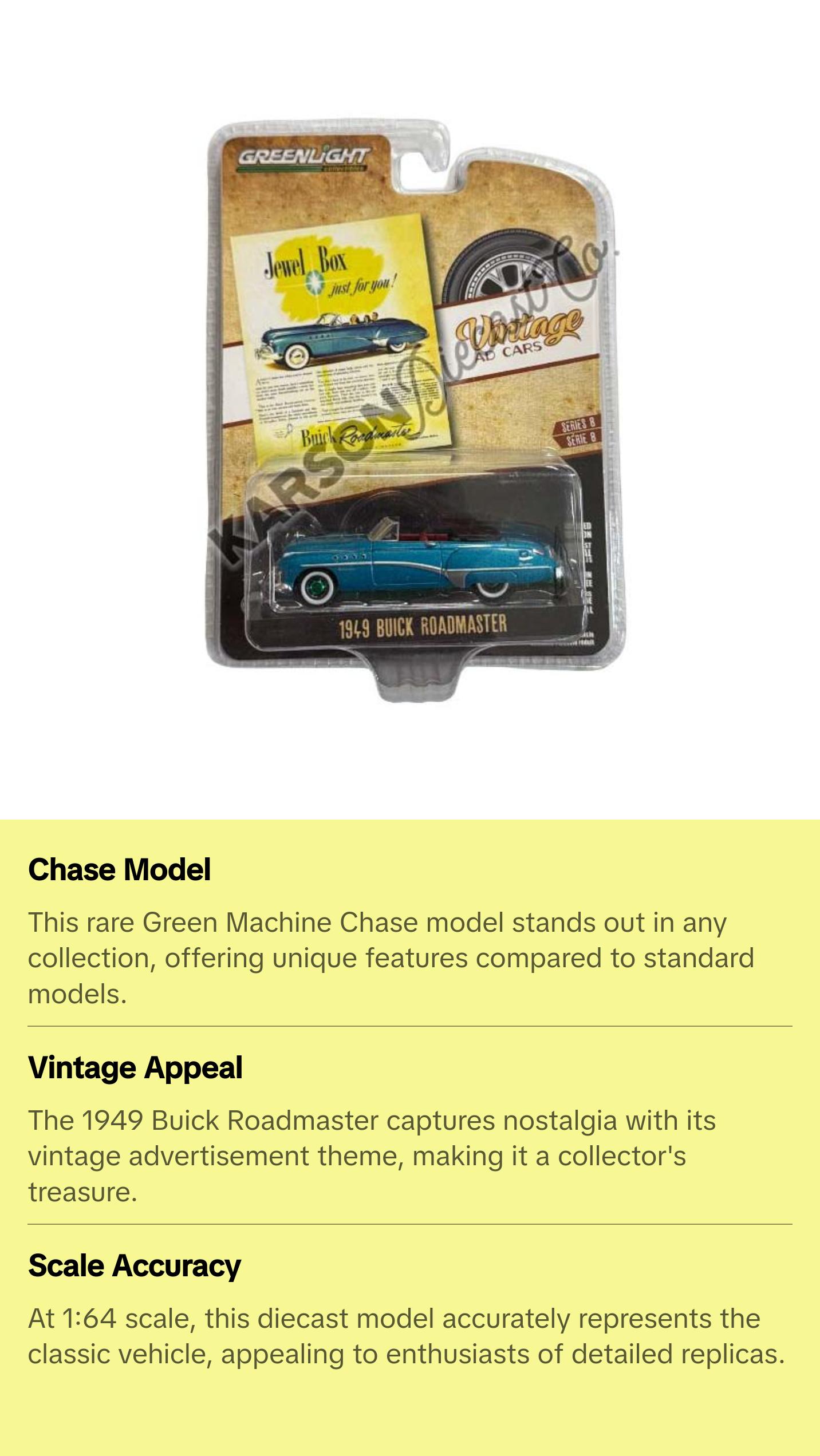 CHASE 1949 Buick Roadmaster - Jewel Box Just For You! (Vintage Ad Cars) Series 8 Diecast 1:64 Scale Model Car - Greenlight 39110A