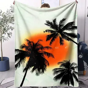 Coconut Tree Print Flannel Blanket, Soft Comfortable Home Office Travel Camping Blanket, Air Conditioning Room Warm Sleep Blanket, Sofa Blanket