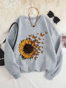 Women's Butterfly, Sunflower & Floral Print Drop Shoulder Sweatshirt, Casual Long Sleeve Round Neck Pullover for Fall & Winter, Women's Clothes for Daily Wear, Womenswear