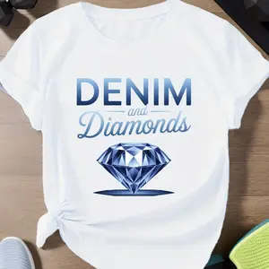 Denim & Diamonds Blue Gem Women's T-Shirt - Casual Short Sleeve Crew Neck Tee with Diamond Design, Geometric Pattern, Lightweight Cotton Blend for Casual Attire, Allseason Top | Casual Style | Stretchy Fabric White CLL T-shirts-8362
