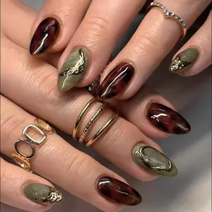 S76 Tortoise Olive Press-On Nails, 3D Tortoiseshell, Marble Olive Green, Gold Metal Line, Custom Press-On Nail, Fall, Gifts for Her, Solana Nails Town