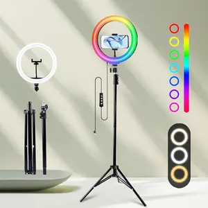 62.9-inch Tripod and Phone Clips Kit - Adjustable Brightness, 30 RGB and 3 White Light Modes,  with 10-inch RGB LED Selfie Ring Lights for Professional Photos and Video Lights#New Years