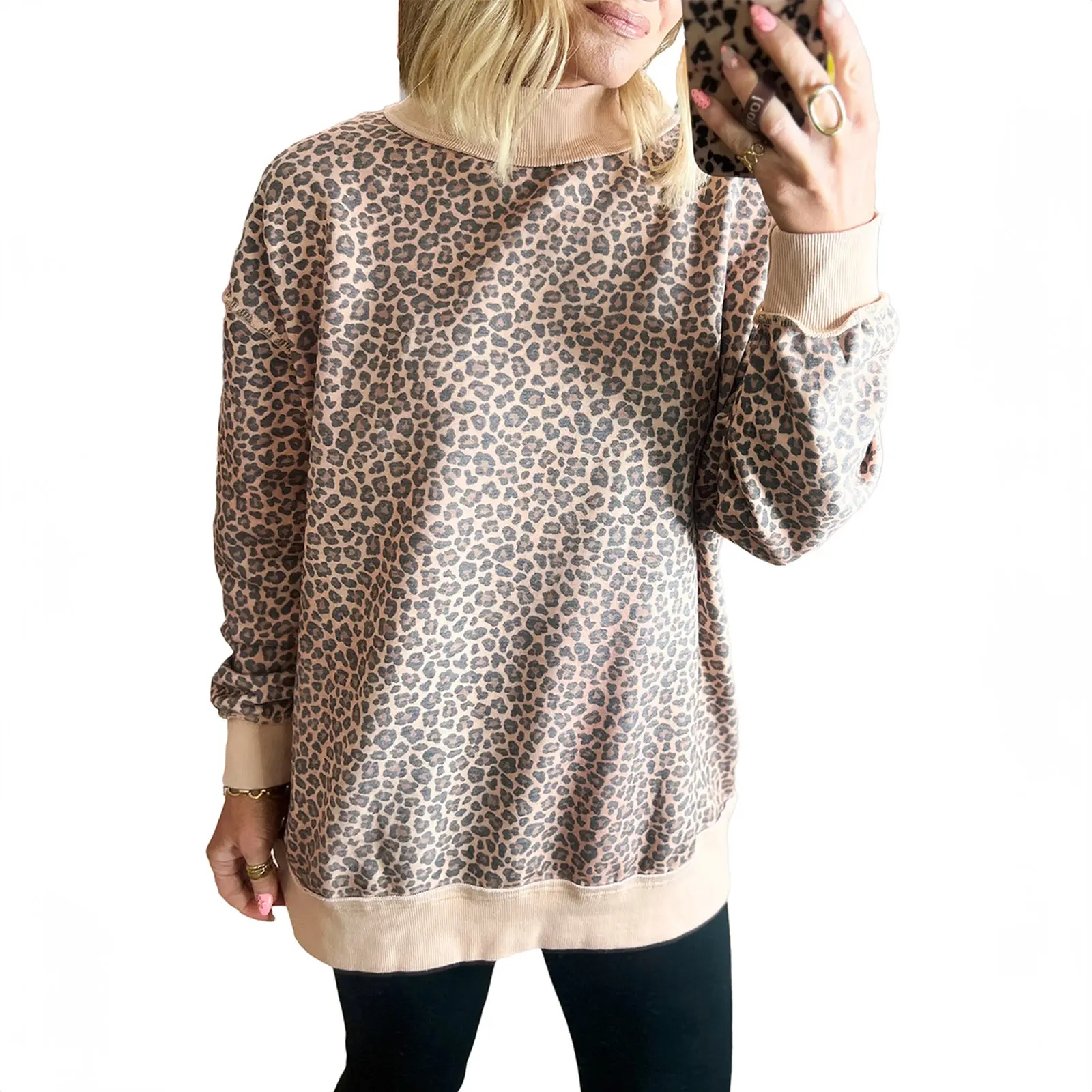 Hotapei Women's Vintage Leopard Print Mock Neck Sweatshirt - Contrast Rib Trim, Long Sleeve, Loose Oversized Pullover - Casual Daily Loungewear Top for Leggings Matching