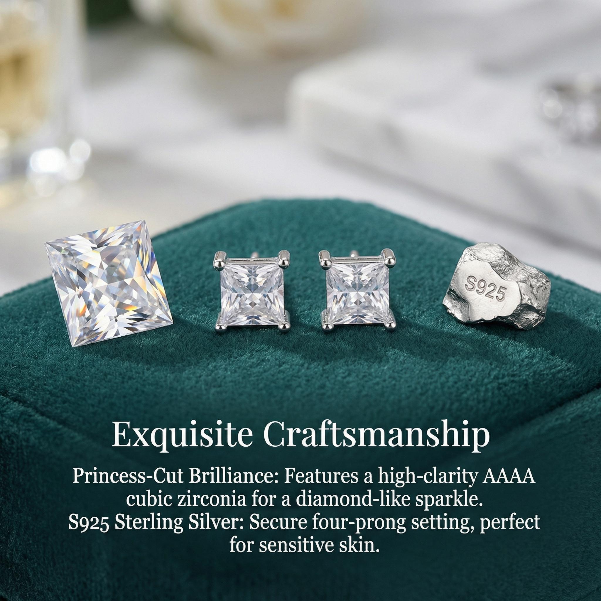 3 Pairs Sterling Silver CZ Stud Earrings Set for Women, Hypoallergenic Round & Princess Cut Diamond Earrings, Bridal Wedding Daily Wear Jewelry Gift