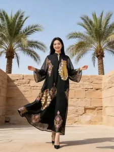 Elegant Muslim Women's Robe, Traditional Arabic Robe, Beaded Embroidery Design, Loose-Fitting, All Seasons Wear, Ethnic Pattern, Stylish and Comfortable