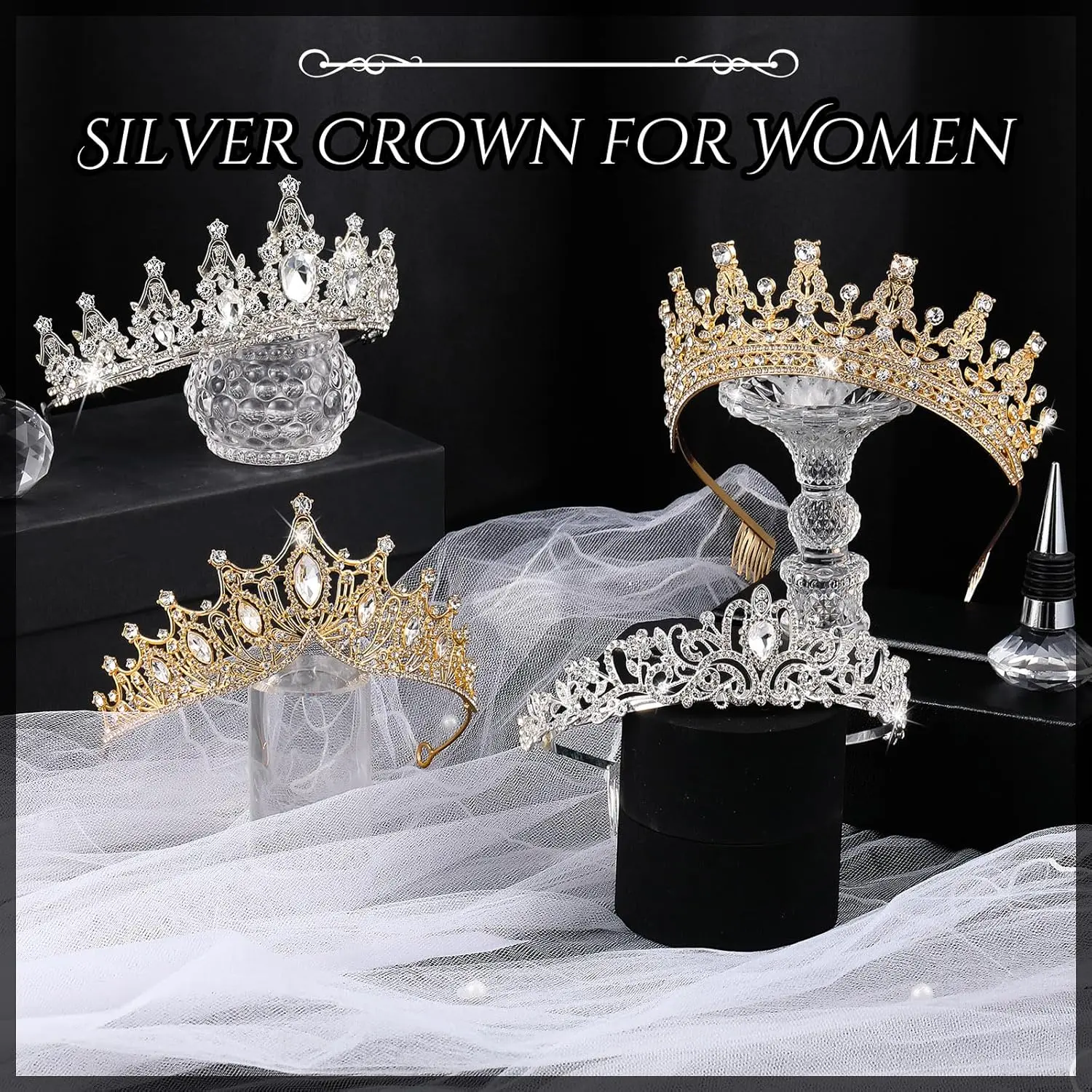 4Pcs Women's Crystal Queen Tiaras & Crowns - Bridal Headpiece, Wedding Hair Accessories, Birthday Crowns for Party Use (Gold/Silver) - Home Improvement, Building Supplies, Wallpaper & Wall Trim
