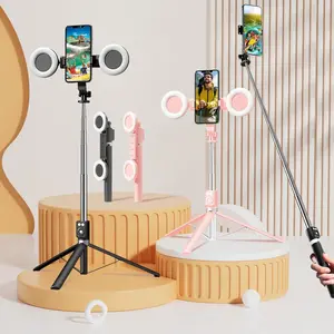 Metal Selfie Stick Tripod for iPhone with Light, Cellphone Selfiestick with Remote, Phone Tripod Holder for Video Recording, Portable Travel Selfie Stick Compatible with iPhone