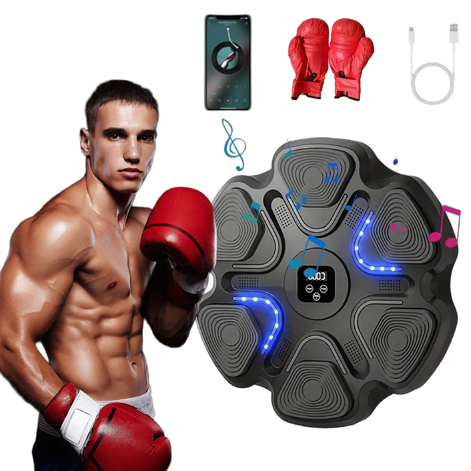 Interactive Boxing Trainer - Summervibes Wall-Mounted Bluetooth Music Boxing Machine with Gloves, Type-C Charging Punching Target for Adults Home Training Sports Equipment