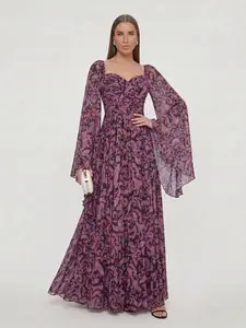 LikeMychoice Exquisite Floral Printed Metallic Pleated Chiffon Trumpet Sleeve Maxi Dress for Women Formal Occasion Ethereal Shimmer Blazer Boho Elegance Party Dress Light Fit Party Dresses Suitable for Gatherings - Check, Womenswear