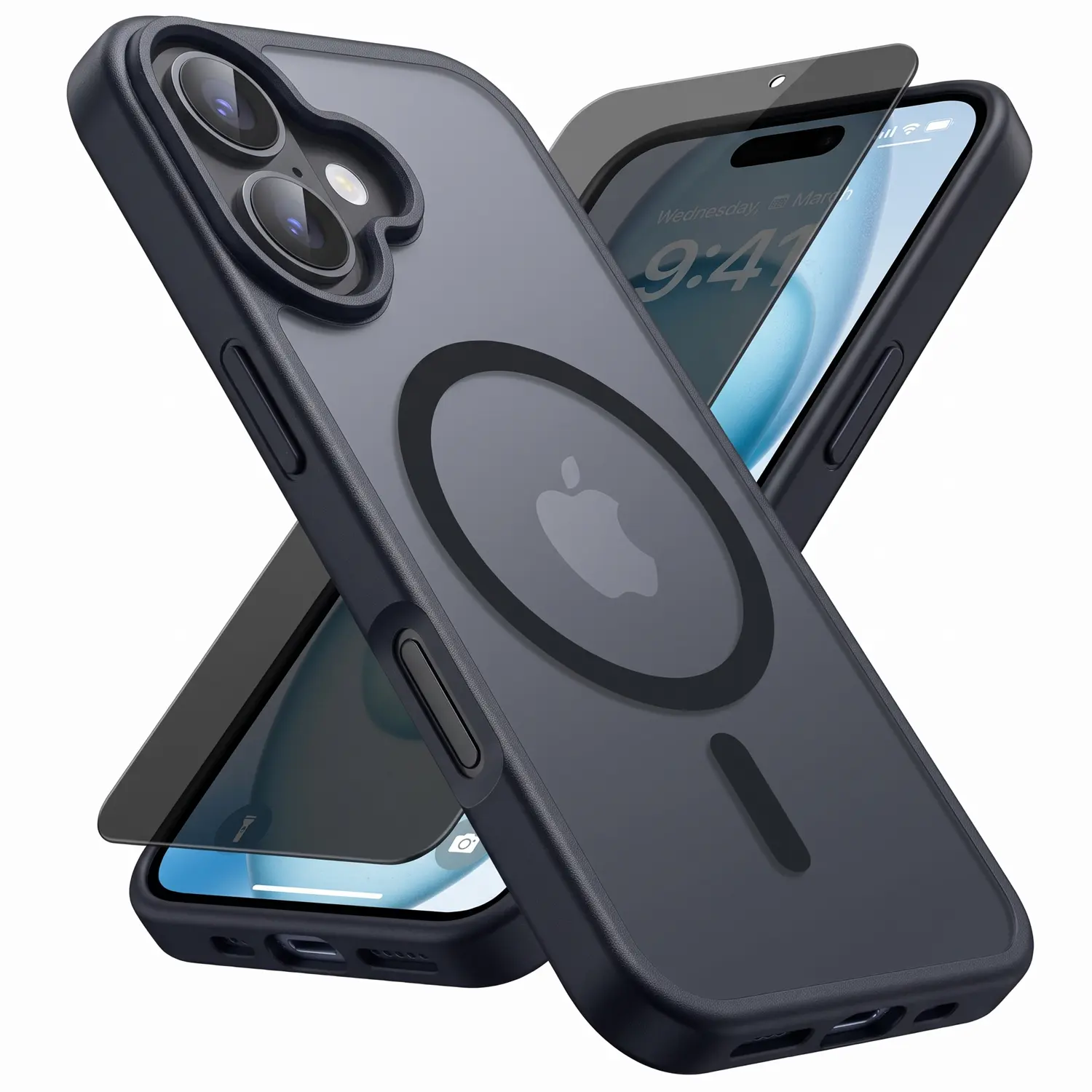 iPhone 16 Phone Case with Privacy Tempered Glass Screen Protector, MagSafe-Compatible, Magnetic Translucent Matte Military-Grade Drop-Proof Phone Accessories (Black)