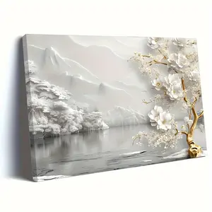 Wooden Framed Canvas Wall Art with Golden Tree & White Blossoms Elegant Floral Decor Ready-to-Hang Home Accent Gift for Special Occasions Abstract Print for Living Room Indoor Decoration