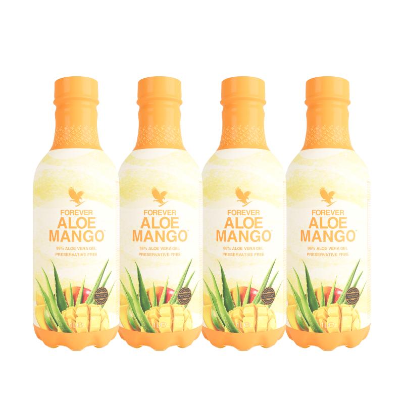 Forever Aloe Mango 4-Pack 90.7% Pure Aloe Vera Gel with Cranberry & Apple Juice Eco-Friendly No Preservatives 100% Recyclable PET Bottle 16.9 Fl Oz Natural Beverage