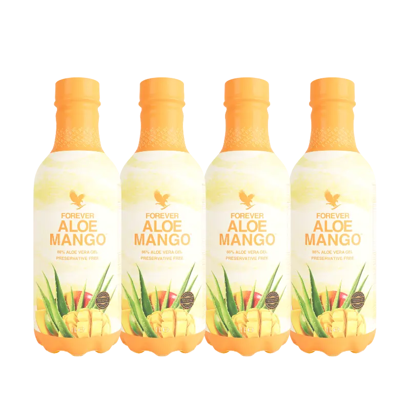Forever Aloe Mango 4-Pack 90.7% Pure Aloe Vera Gel with Cranberry & Apple Juice Eco-Friendly No Preservatives 100% Recyclable PET Bottle 16.9 Fl Oz Natural Beverage