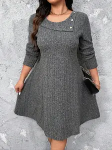 Plus Size Ribbed Fabric Button Neck Long Sleeve Fitted Dress, Casual Solid Color Comfortable Midi Skirt for Spring & Fall, Daily Wear Commuting Womenswear, Everyday