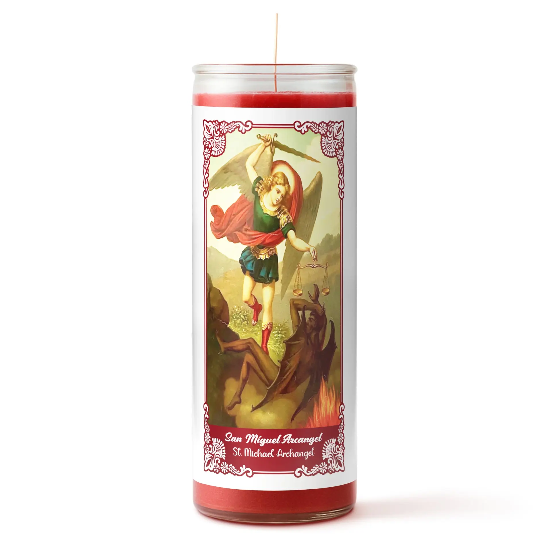 San Miguel Arcángel Glass Pillar Candle - Red | Veladora de San Miguel Arcángel Roja