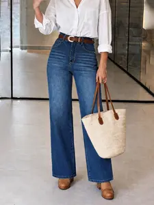 Women's High-Waisted Denim Jeans, Casual Comfortable Wide-Leg Pants, Loose-Fitting Plain Style, Perfect for Everyday Wear