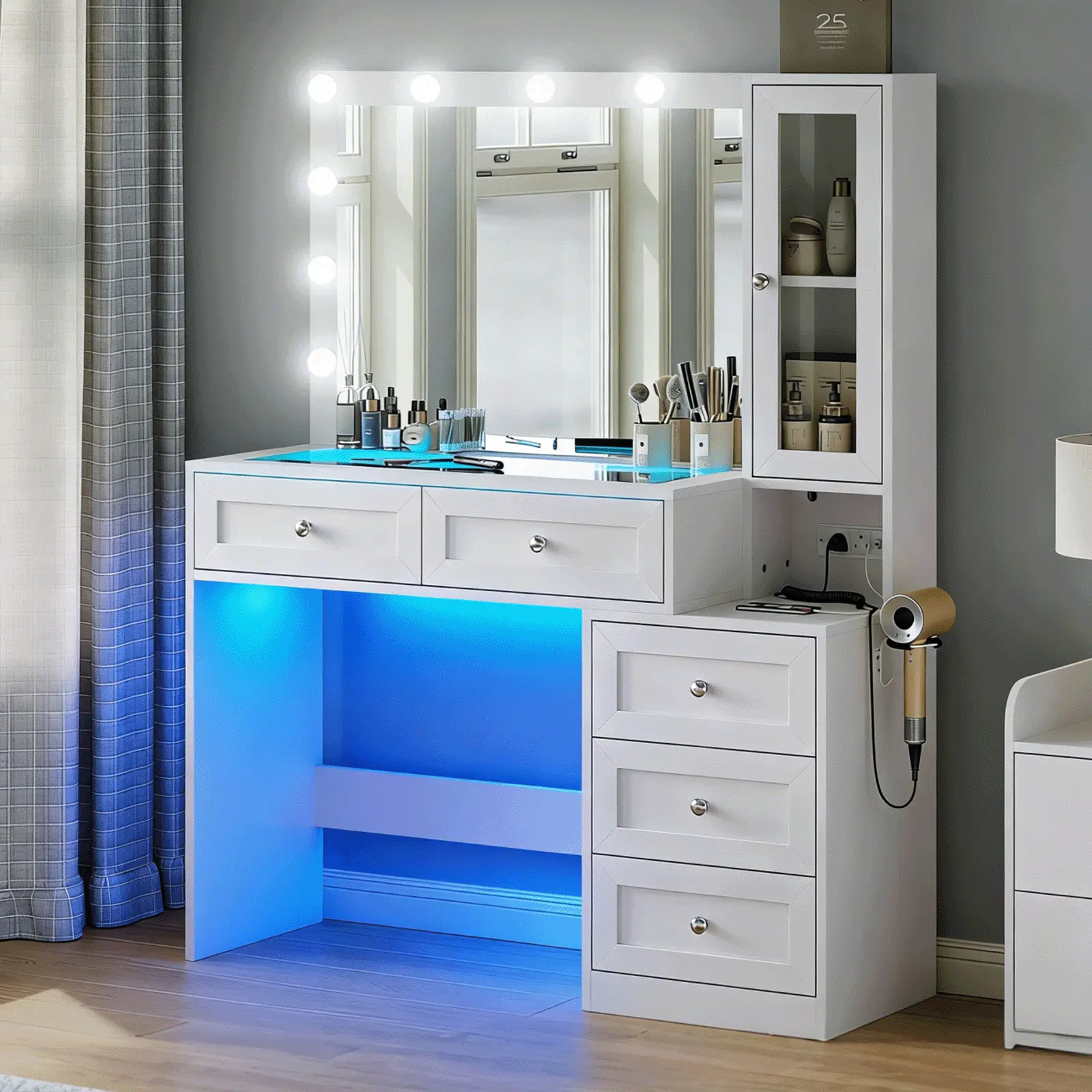 CollaredEagle 43-in Lighted Vanity Table - Stylish Modern High-Brightness Vanity with Mirror, 11 LED Lights, 5 Drawers, Glass Countertop, Power Outlet, 3 Adjustable Brightness Modes summergarden, Makeup Vanity, Stylish Makeup Vanities