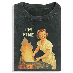 I’M FINE Printed Design Unisex Vintage Crew Neck Regular Fit Cotton Fabric Casual Comfort Breathable Short Sleeve Funny T-shirts Fashion Men&Women's Top for Streetwear 123101