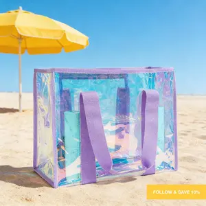 Summer Holographic Purple Jelly Beach Bag Reusable Eco-Friendly Waterproof Sandproof Shoulder Bag with Leakproof Sealed Phone Pouch for Beach Pool Camping