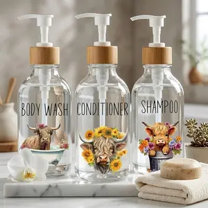 3Pcs Highland Cow Sunflower Soap Dispenser Cattle Floral Plastic Dispenser with Pump Refillable Clear Liquid Soap Container Bathroom Accessory for Farmhouse Kitchen Bathroom