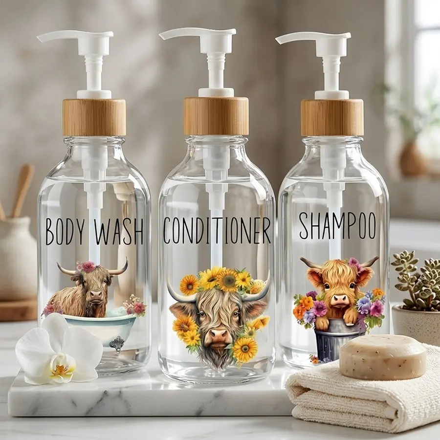 3Pcs Highland Cow Sunflower Soap Dispenser Cattle Floral Plastic Dispenser with Pump Refillable Clear Liquid Soap Container Bathroom Restroom Accessory for Farmhouse Kitchen Bathroom Refillable Bottle Soap Dispenser Set