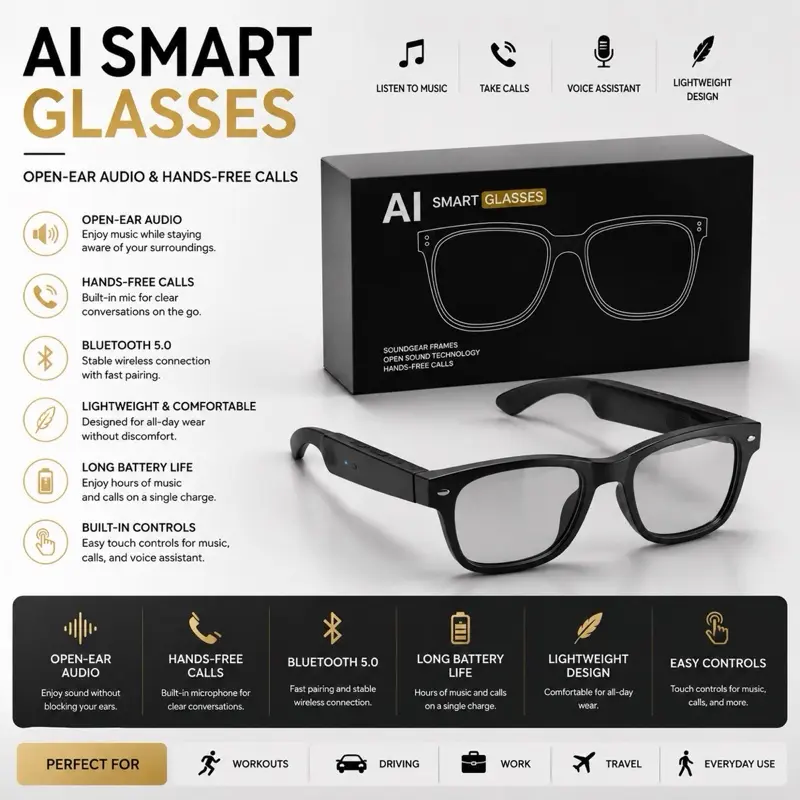 AI Smart Glasses, Open-Ear Audio Wearables, Hands-Free Calls Wireless Eyewear