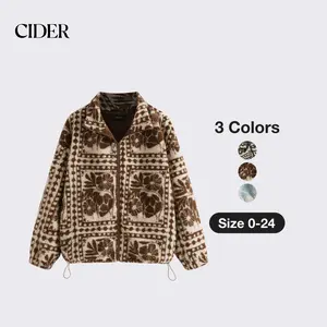 Cider Printed Fleece Zip Front Jacket Long Sleeve Fitted Outerwear for Womenswear Casual Drop Shoulder Coats