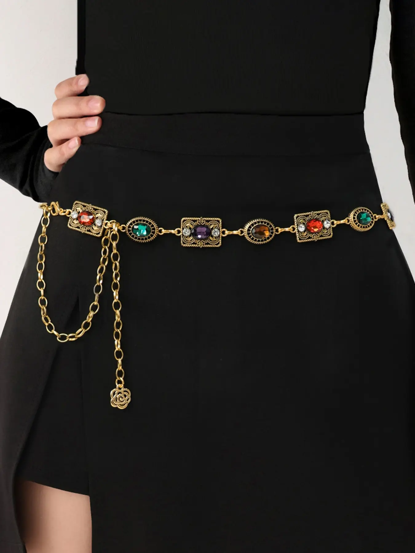 Vintage Metal Floral Waist Chain for Women, Rhinestone Chain Belt, Fashion Accessory for Dresses, Autumn Winter Versatile Waist Strap, Rhinestone Studded Belt, Belts for Dresses, Rhinestone Decorated Belt