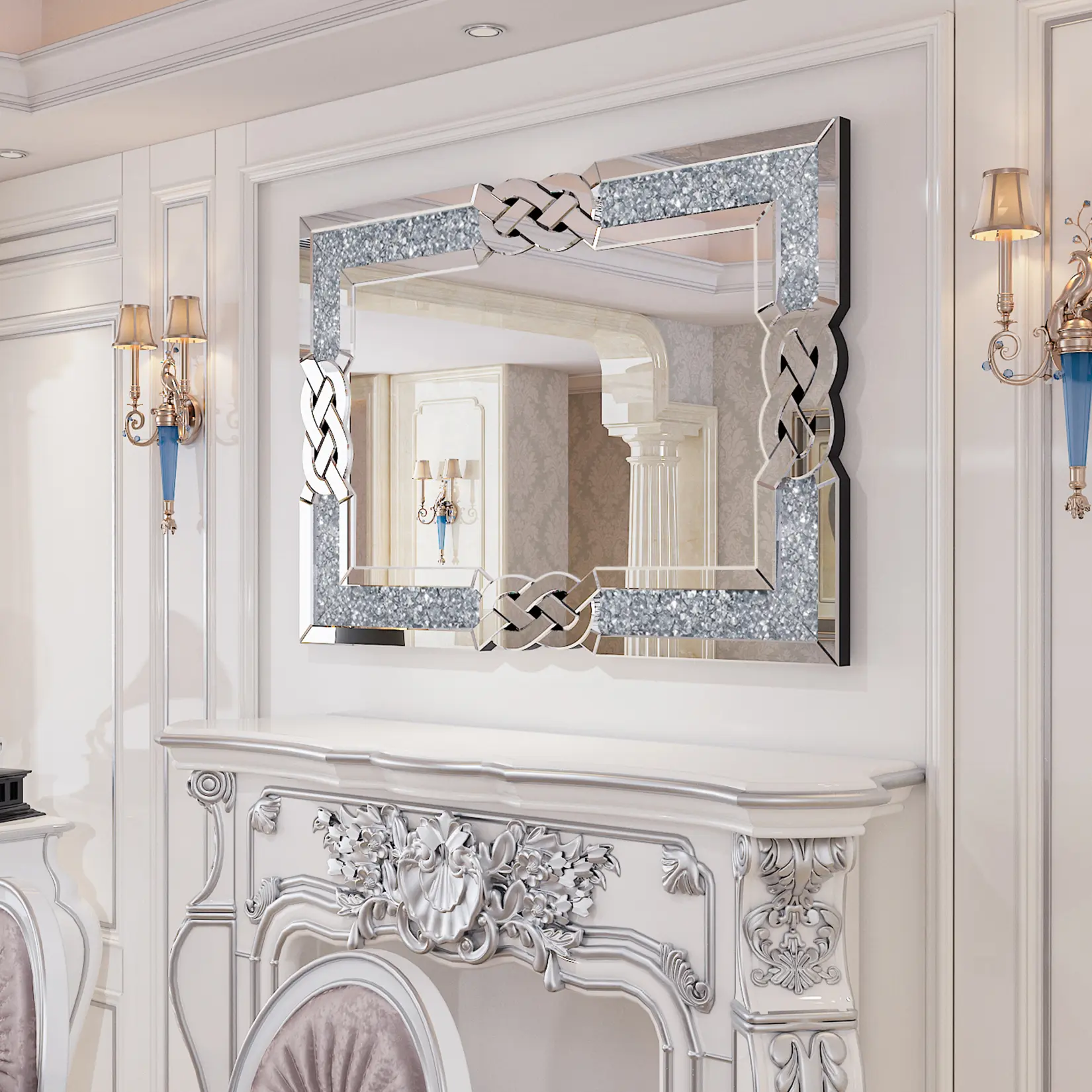 Rectangular Crushed Crystal Bling Wall Mirror - Glass Surface, MDF Frame, Diamond-Inlay Decor for Enhanced Reflection, Wall Mount Hanging Option for Room Living Room Decor