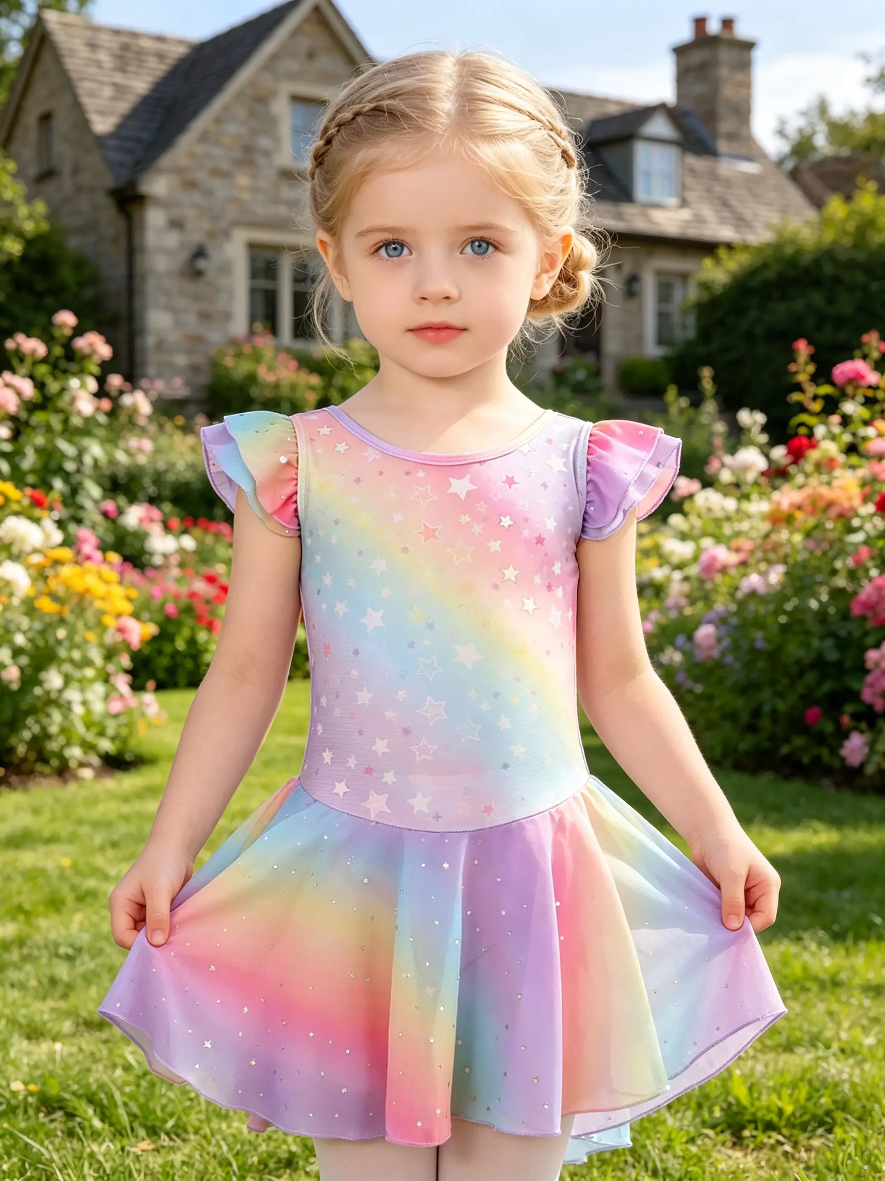 Little Girls Flutter Ruffle Sleeve Gradient Rainbow Star Ballet Tutu Dress Leotard Sparkle Dot Skirt Kids Gymnastics Recital Fairy Dance Costume Toddler Training Outfit