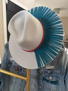 Ivory Australian Wool Felt with Turquoise Fringe and Red leather band - Medium