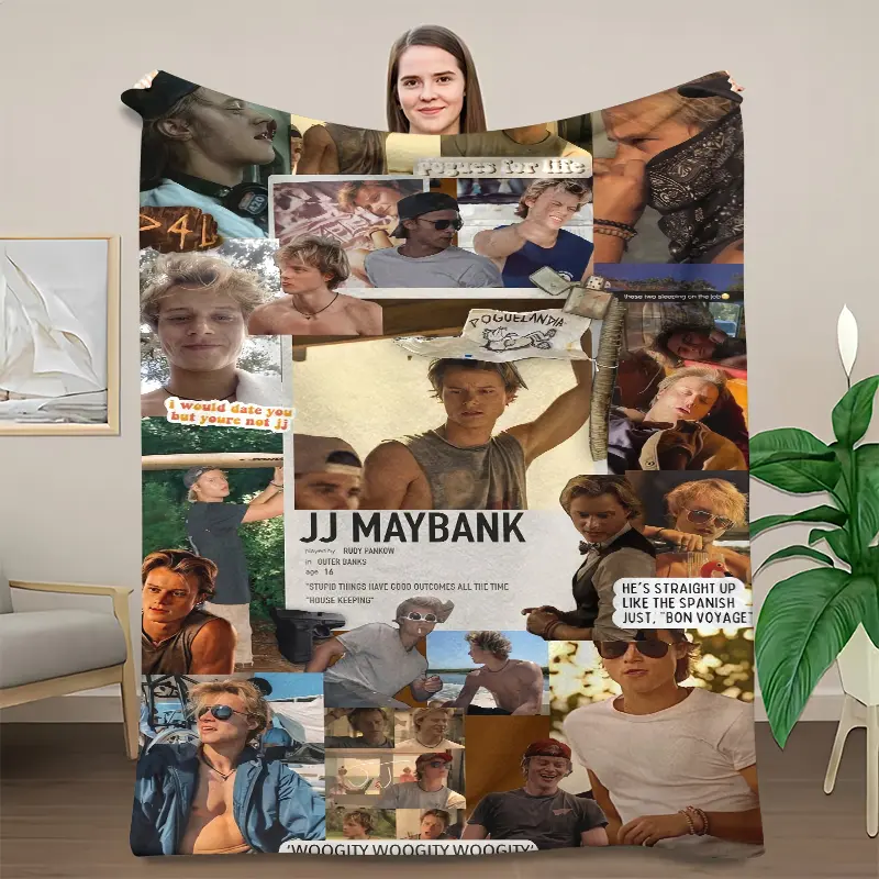 JJ Maybank Outer Banks Photo Collage Throw Blanket, Rudy Pankow Classic Quotes Flannel Blanket, Pogue Life Aesthetic Fleece Throw For Teen Bedroom Decor, Gift For Outer Banks Fans